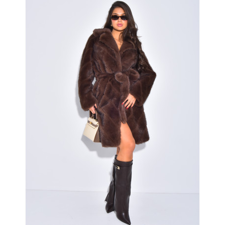 Long faux fur coat with belt