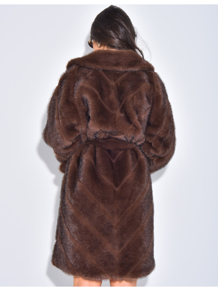 Long faux fur coat with belt