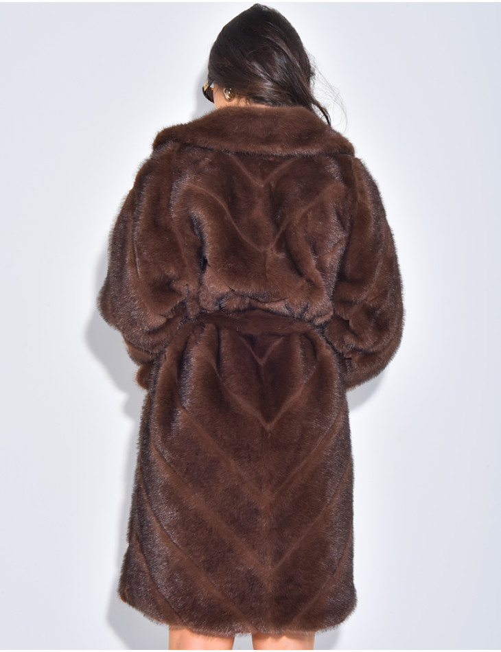 Long faux fur coat with belt