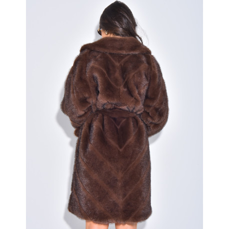Long faux fur coat with belt