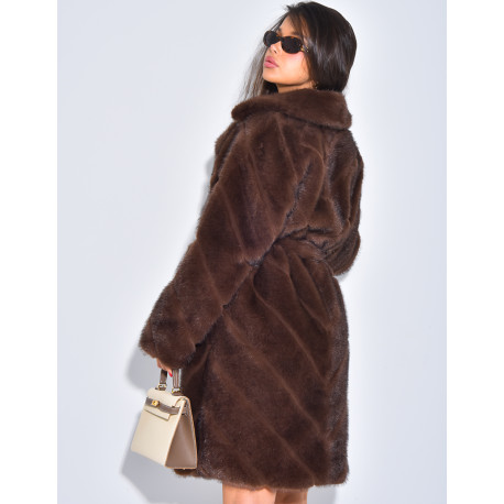 Long faux fur coat with belt