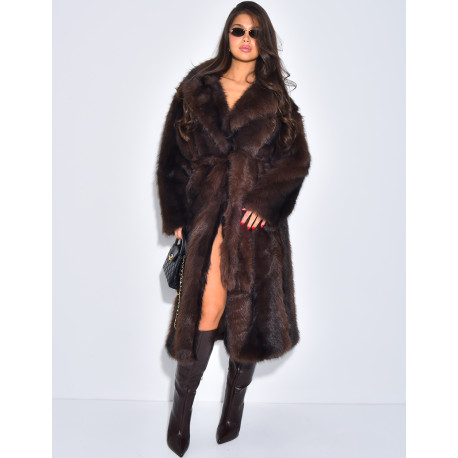 Very long faux fur coat with belt