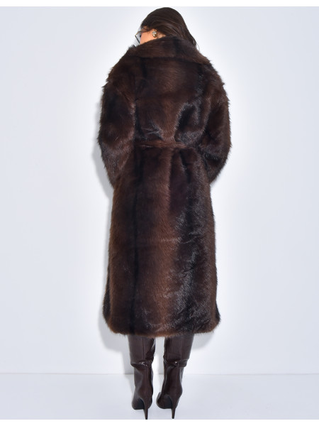 Very long faux fur coat with belt