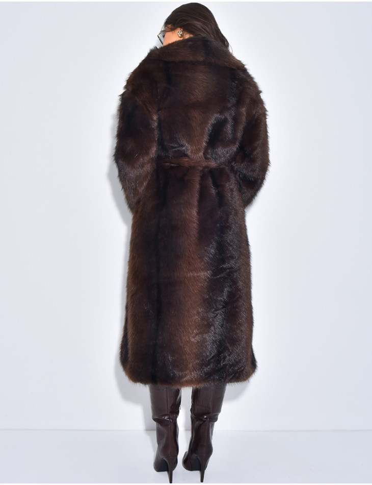 Very long faux fur coat with belt