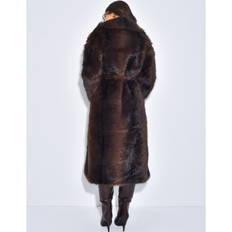 Very long faux fur coat with belt