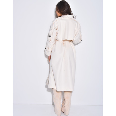 Langer Trenchcoat aus Filz mit Bindegürtel
