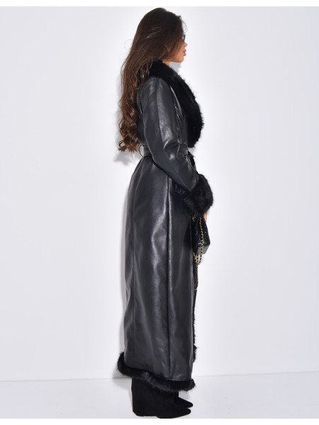 Extra-long faux leather coat with faux fur trim