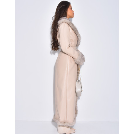 Extra-long faux leather coat with faux fur trim