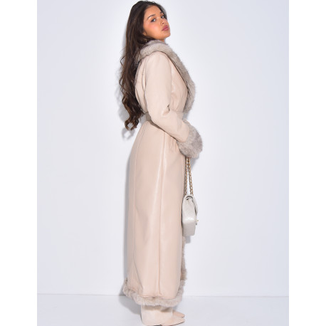 Extra-long faux leather coat with faux fur trim