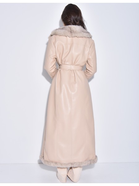 Extra-long faux leather coat with faux fur trim