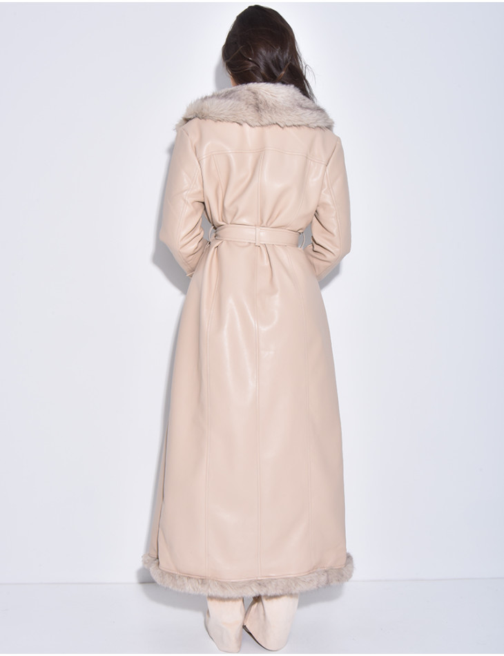 Extra-long faux leather coat with faux fur trim