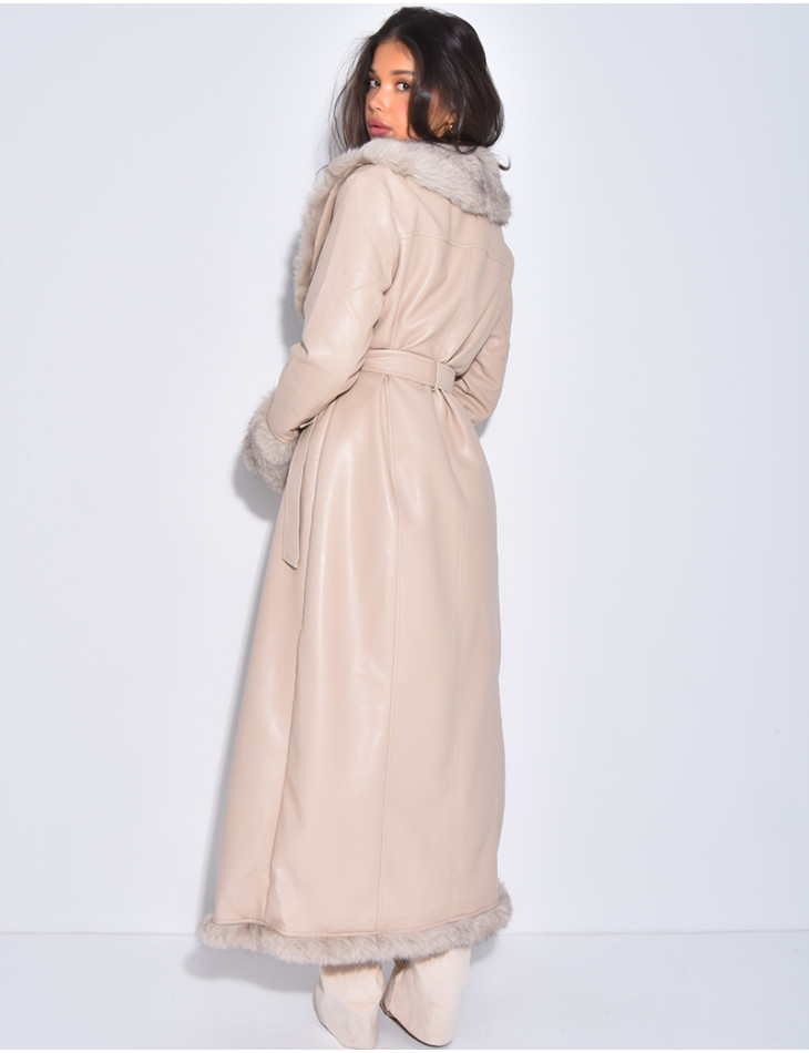 Extra-long faux leather coat with faux fur trim
