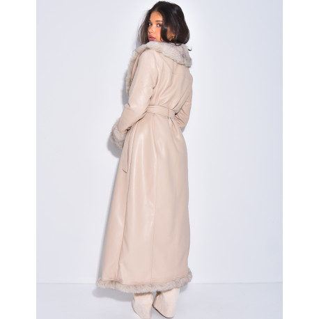 Extra-long faux leather coat with faux fur trim