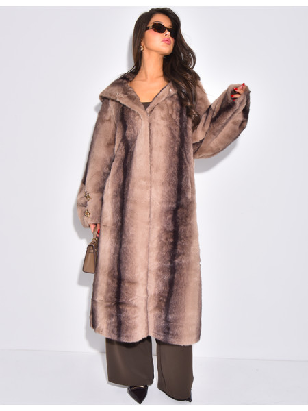 Extra-long faux fur coat with hood and crystal brooches