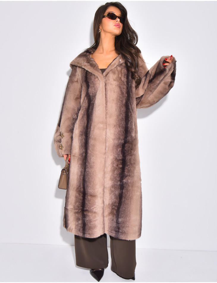 Extra-long faux fur coat with hood and crystal brooches
