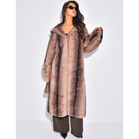 Extra-long faux fur coat with hood and crystal brooches