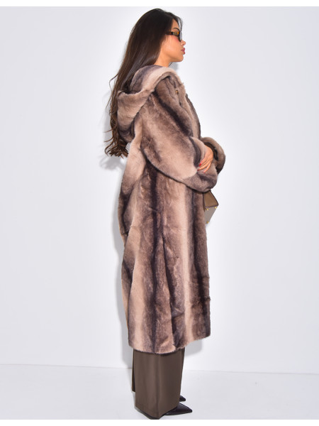 Extra-long faux fur coat with hood and crystal brooches