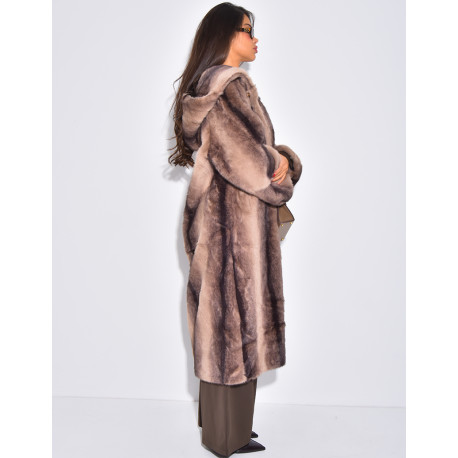 Extra-long faux fur coat with hood and crystal brooches