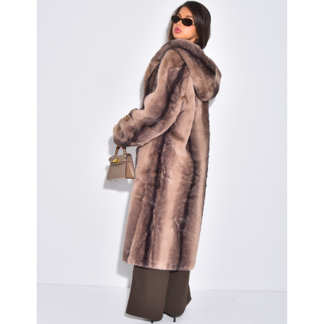 Extra-long faux fur coat with hood and crystal brooches