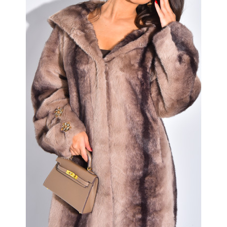 Extra-long faux fur coat with hood and crystal brooches