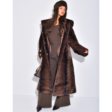Extra-long faux fur coat with hood and crystal brooches