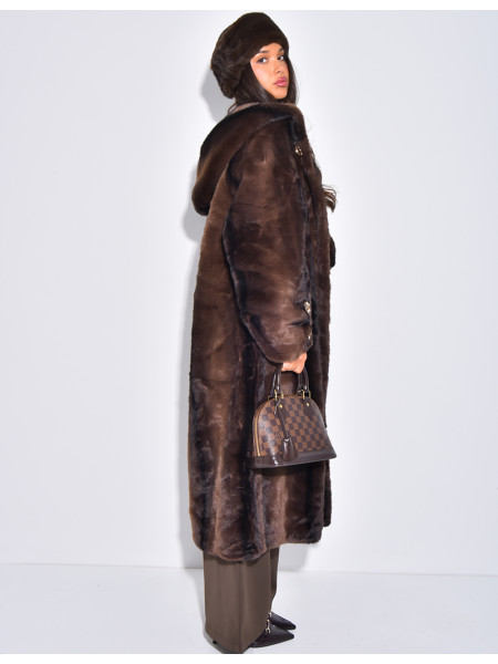 Extra-long faux fur coat with hood and crystal brooches