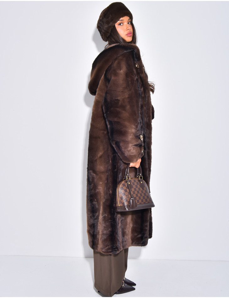Extra-long faux fur coat with hood and crystal brooches