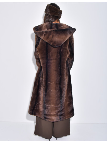 Extra-long faux fur coat with hood and crystal brooches