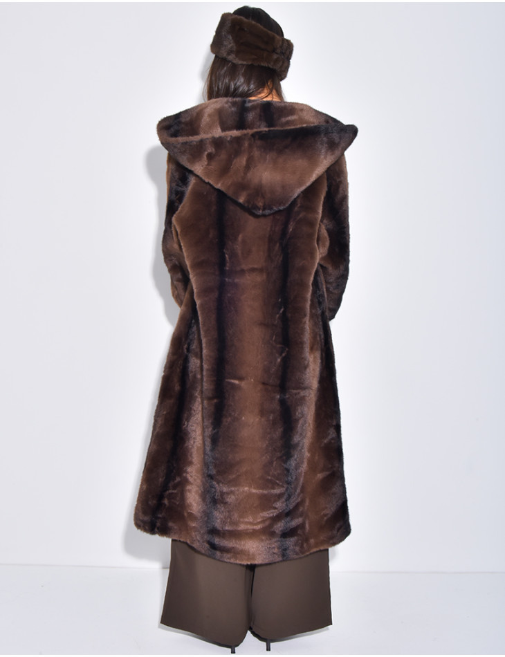 Extra-long faux fur coat with hood and crystal brooches