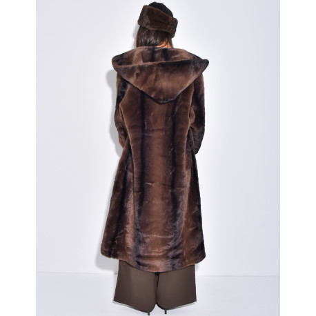 Extra-long faux fur coat with hood and crystal brooches