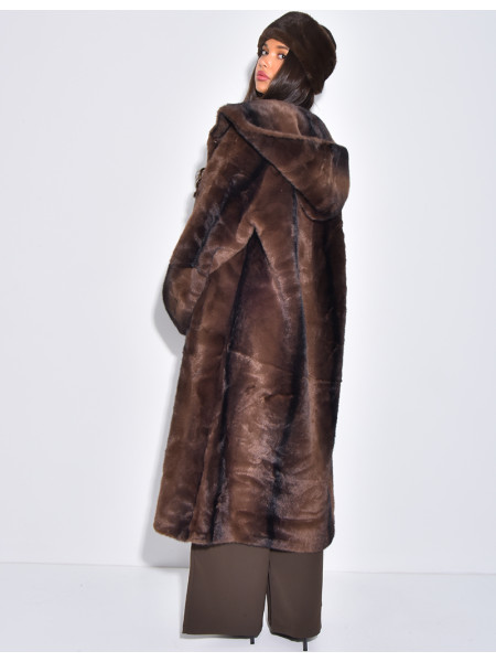Extra-long faux fur coat with hood and crystal brooches