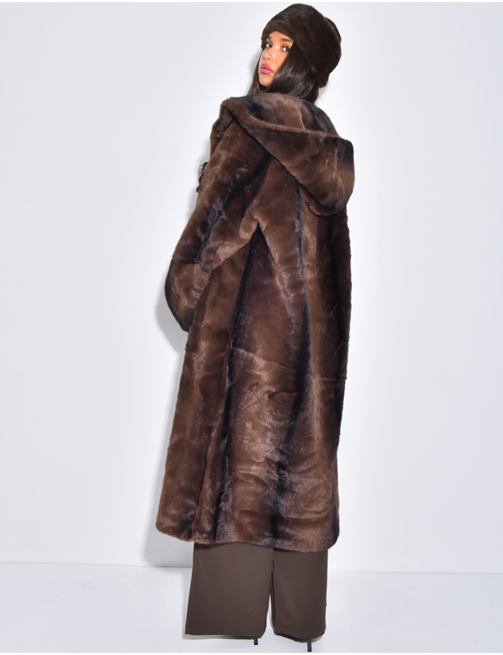 Extra-long faux fur coat with hood and crystal brooches