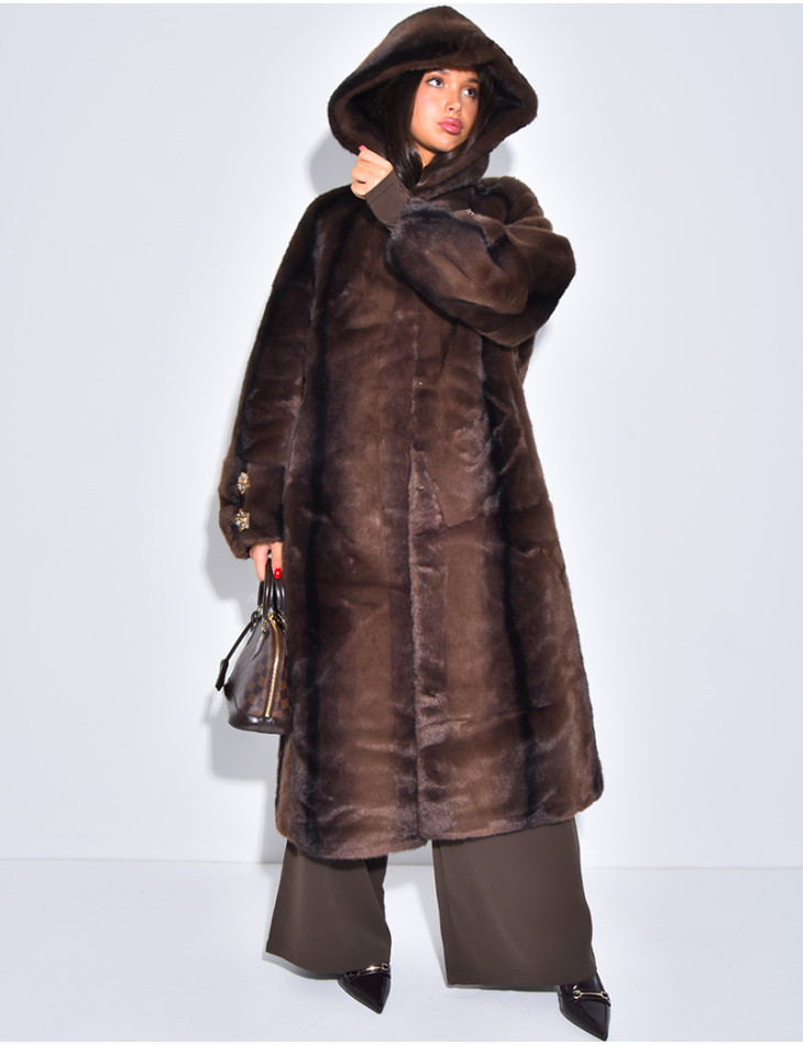 Extra-long faux fur coat with hood and crystal brooches