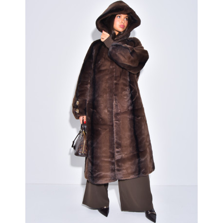 Extra-long faux fur coat with hood and crystal brooches