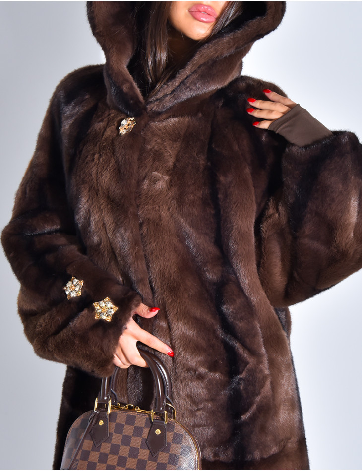 Extra-long faux fur coat with hood and crystal brooches