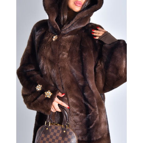 Extra-long faux fur coat with hood and crystal brooches