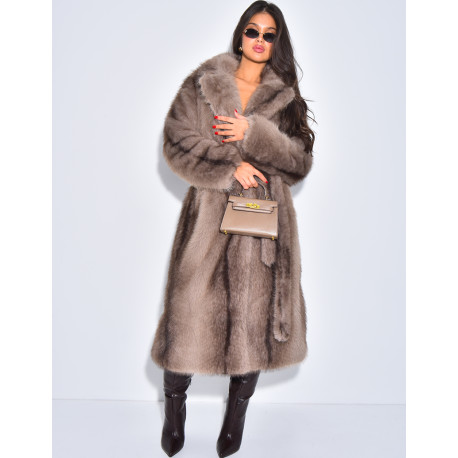 Very long faux fur coat with belt