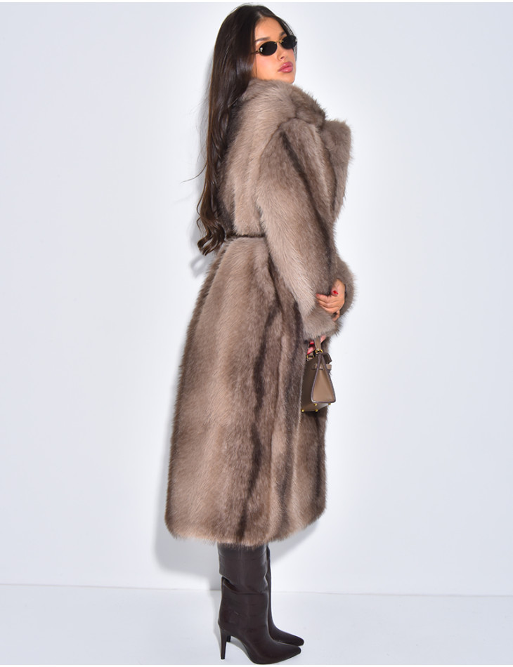 Very long faux fur coat with belt