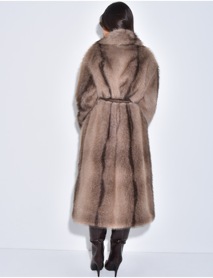 Very long faux fur coat with belt
