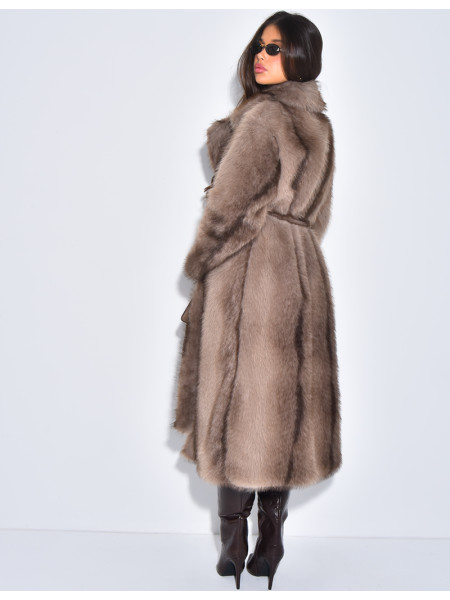 Very long faux fur coat with belt
