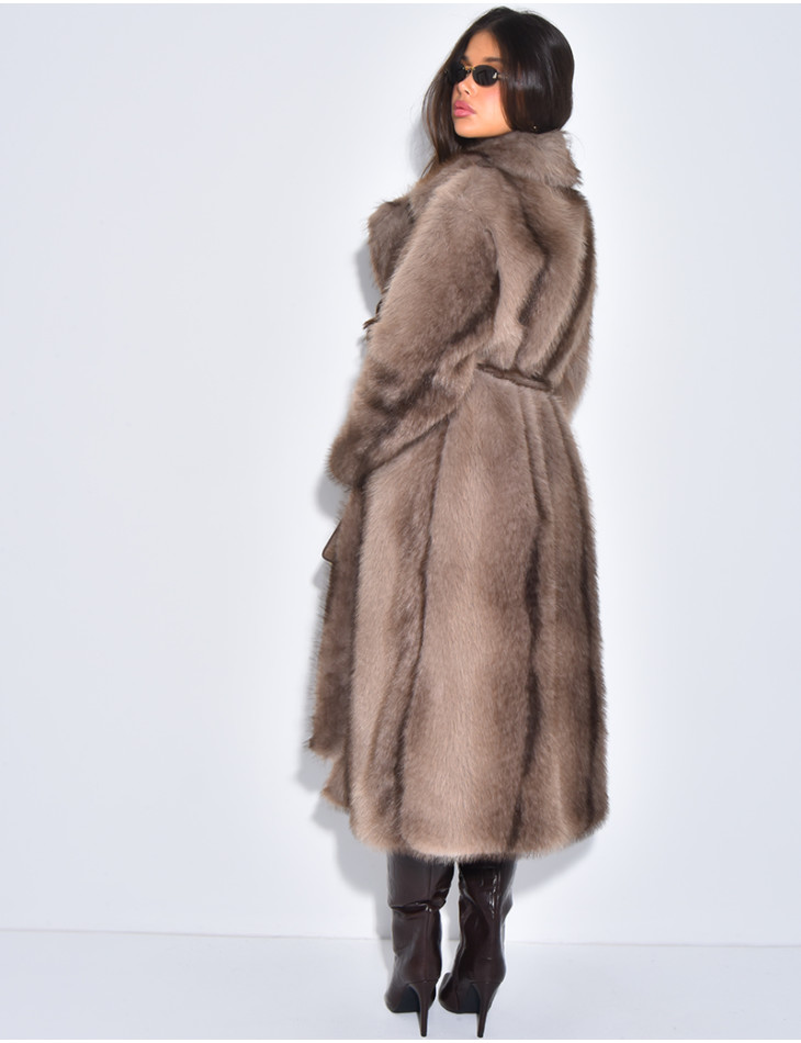 Very long faux fur coat with belt