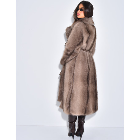 Very long faux fur coat with belt