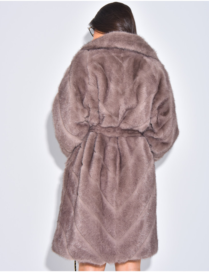 Long faux fur coat with belt