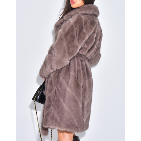 Long faux fur coat with belt