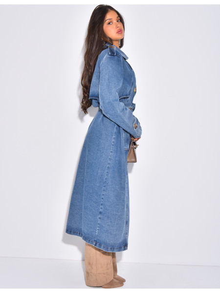 Sehr langer Jeans-Trenchcoat mit Gürtel