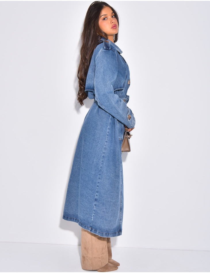 Sehr langer Jeans-Trenchcoat mit Gürtel