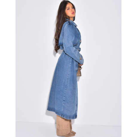 Sehr langer Jeans-Trenchcoat mit Gürtel
