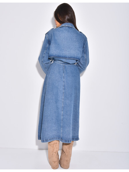 Sehr langer Jeans-Trenchcoat mit Gürtel