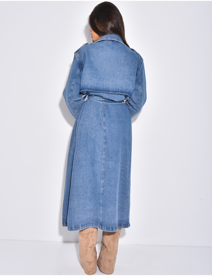 Sehr langer Jeans-Trenchcoat mit Gürtel