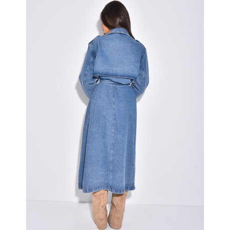 Sehr langer Jeans-Trenchcoat mit Gürtel